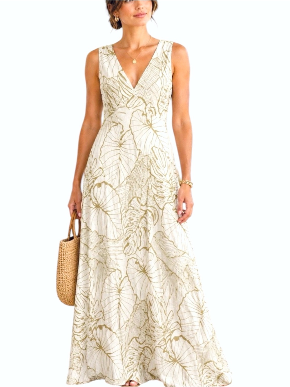 Magaschoni Linen Maxi Dress Size 6 Tropical Leaf Print Cream Vacation Resort